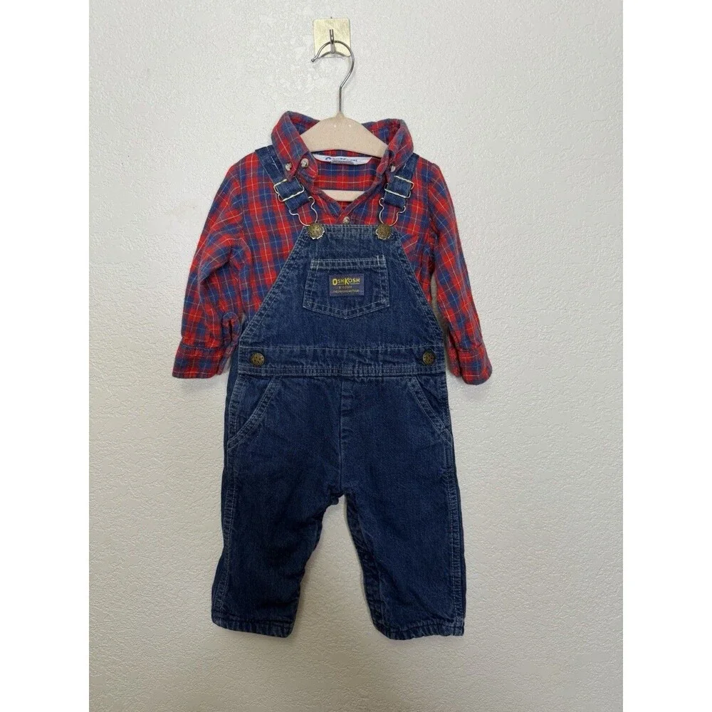 Vintage Oshkosh Vestbak Denim Boys Plaid Overalls & Shirt 12 Months 90s Holiday